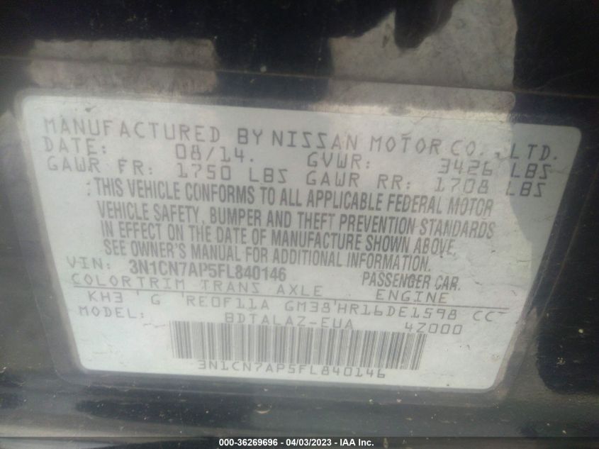 2015 NISSAN VERSA S PLUS - 3N1CN7AP5FL840146