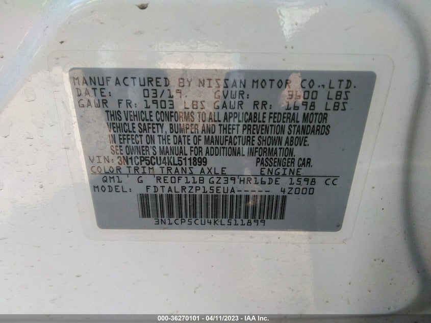 VIN 3N1CP5CU4KL511899 2019 NISSAN KICKS S