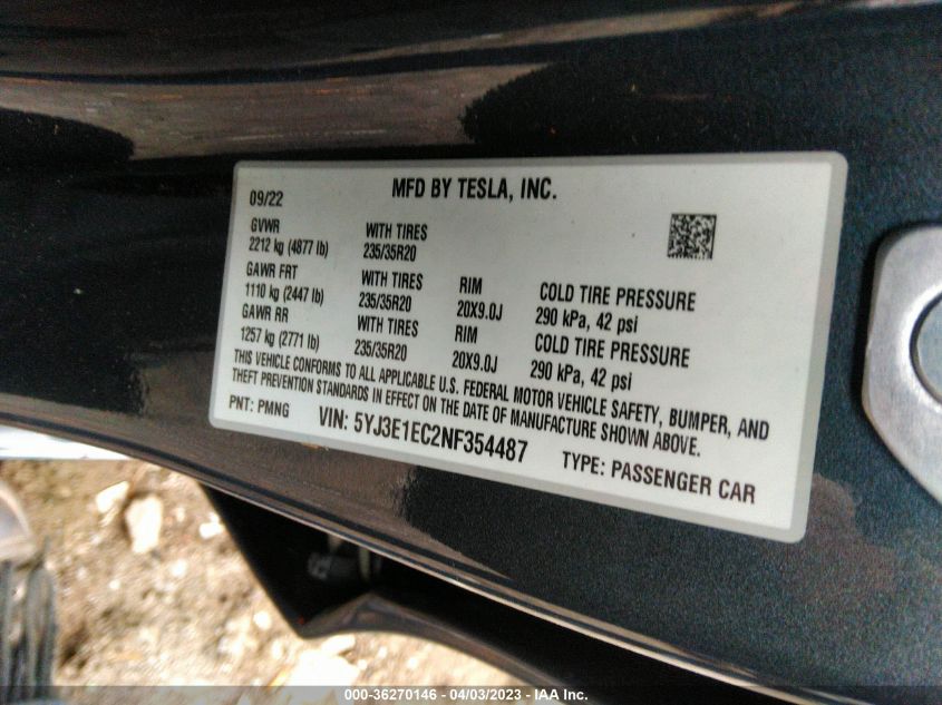 2022 TESLA MODEL 3 PERFORMANCE - 5YJ3E1EC2NF354487