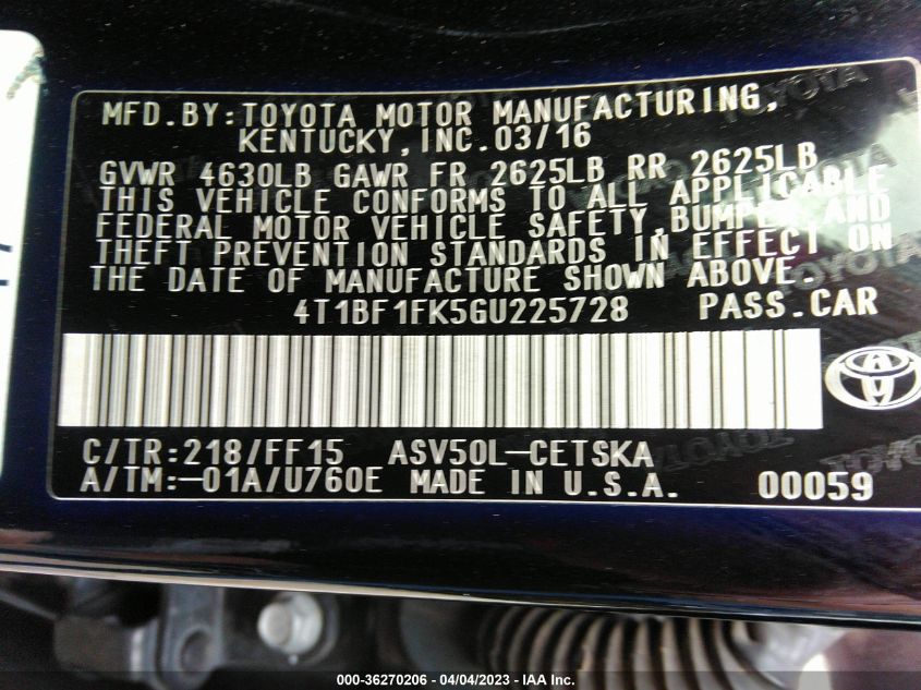 2016 TOYOTA CAMRY XLE/SE/LE/XSE - 4T1BF1FK5GU225728