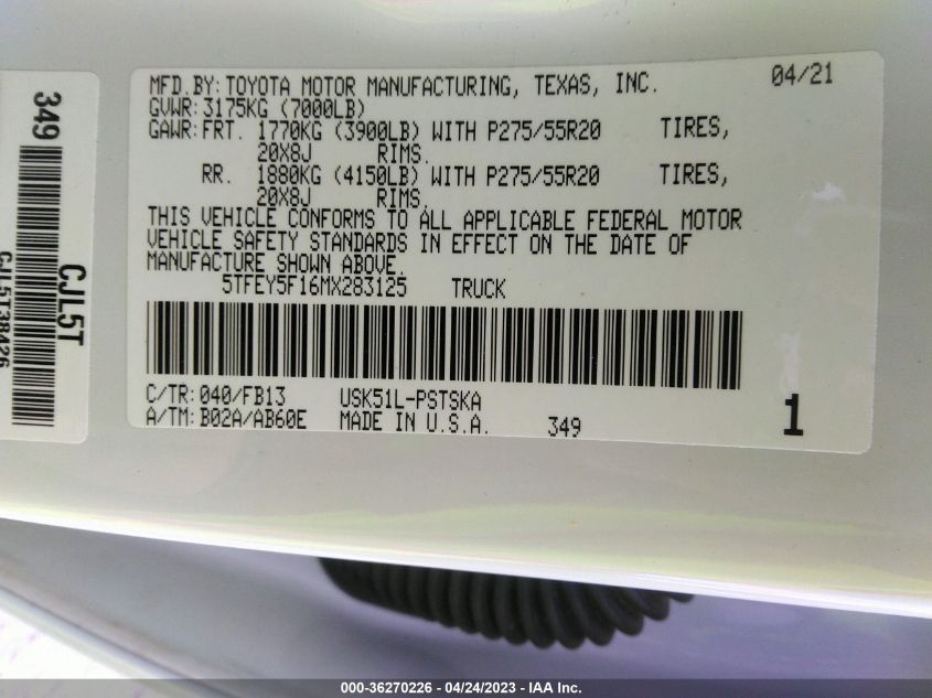 2021 TOYOTA TUNDRA 2WD SR5 5TFEY5F16MX283125