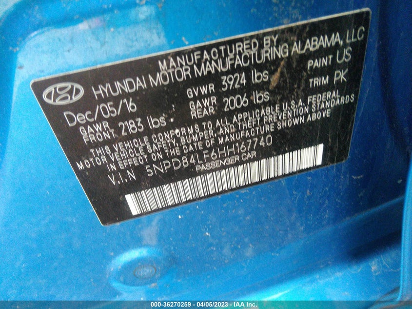 VIN 5NPD84LF6HH167740 2017 HYUNDAI ELANTRA SE