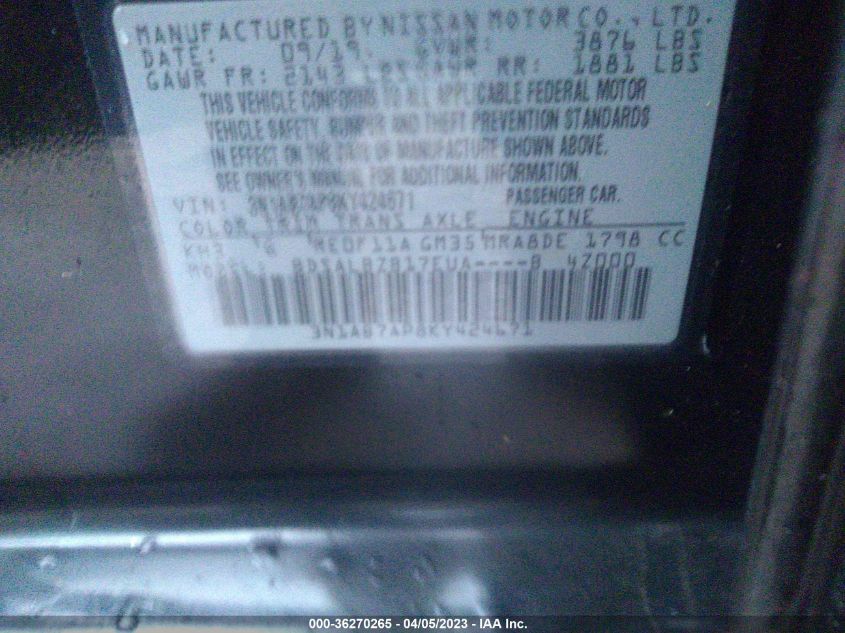 2019 NISSAN SENTRA S - 3N1AB7AP8KY424671