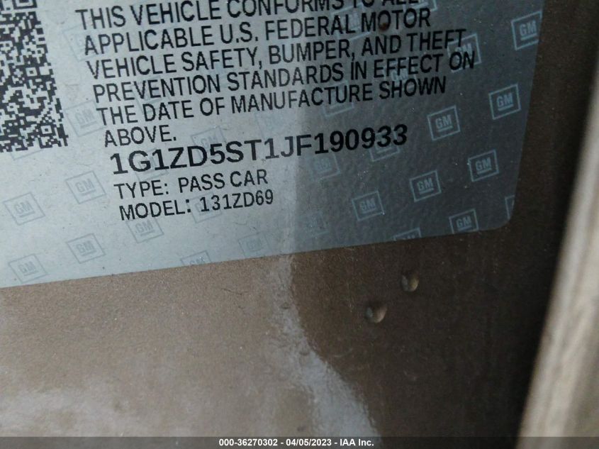 2018 CHEVROLET MALIBU LT - 1G1ZD5ST1JF190933