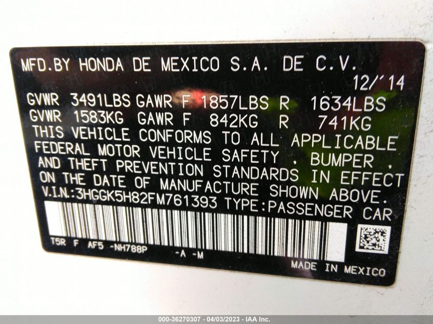 2015 HONDA FIT EX-L/EX - 3HGGK5H82FM761393