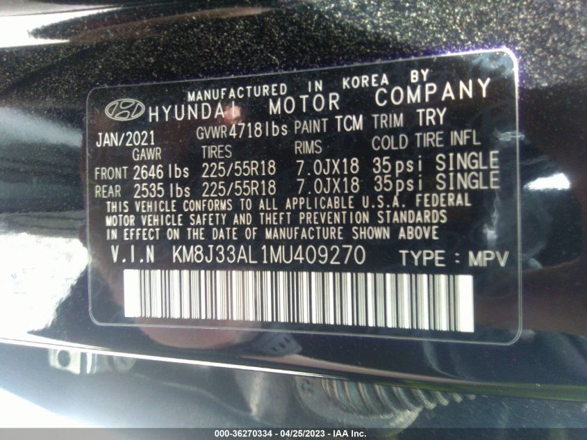 2021 HYUNDAI TUCSON LIMITED - KM8J33AL1MU409270