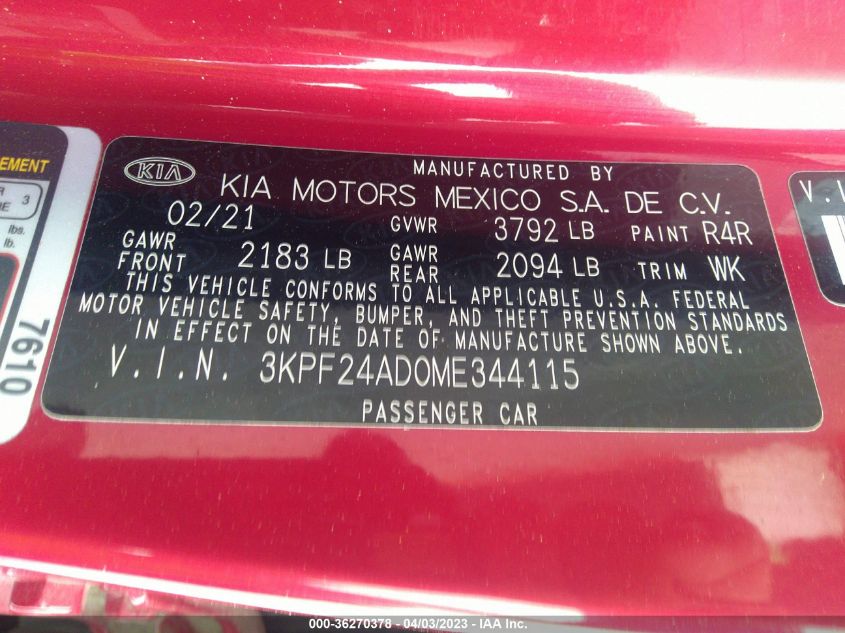 2021 KIA FORTE LXS - 3KPF24AD0ME344115