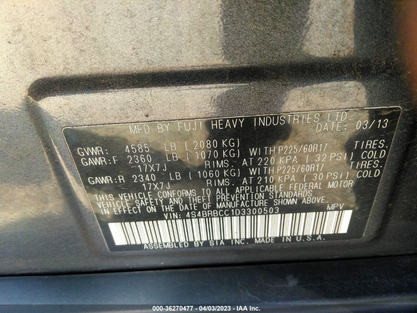 2013 SUBARU OUTBACK 2.5I PREMIUM - 4S4BRBCC1D3300503
