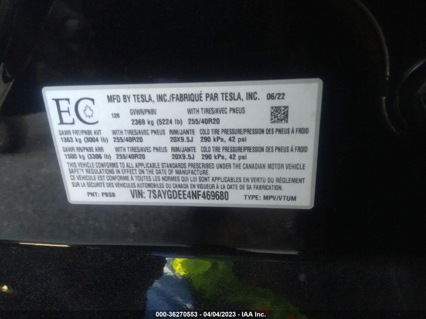 2022 TESLA MODEL Y LONG RANGE - 7SAYGDEE4NF469680