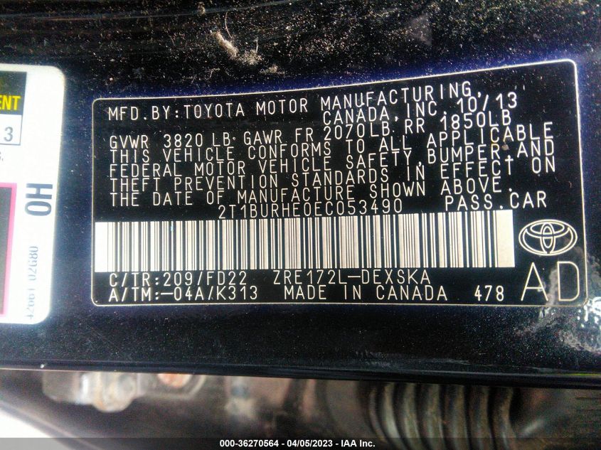 2014 TOYOTA COROLLA L/LE/S/S PLUS/LE PLUS - 2T1BURHE0EC053490