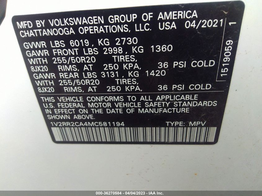 2021 VOLKSWAGEN ATLAS 3.6L V6 SE W - 1V2RR2CA4MC581194