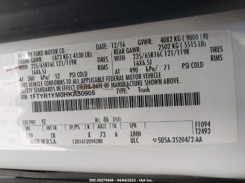 2017 FORD TRANSIT VAN - 1FTYR1YM0HKA50905