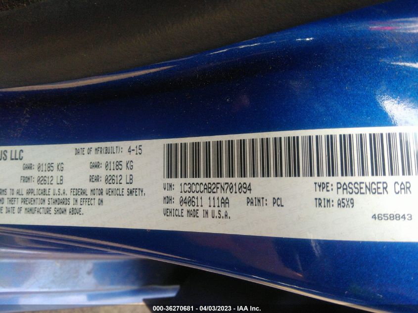 2015 CHRYSLER 200 LIMITED - 1C3CCCAB2FN701094