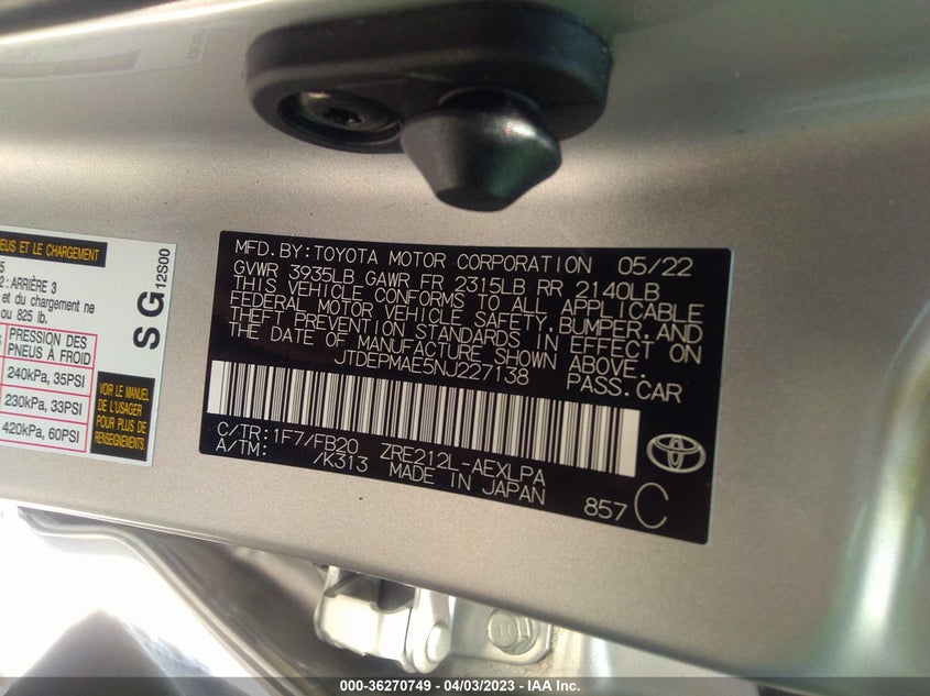 VIN JTDEPMAE5NJ227138 2022 TOYOTA COROLLA LE