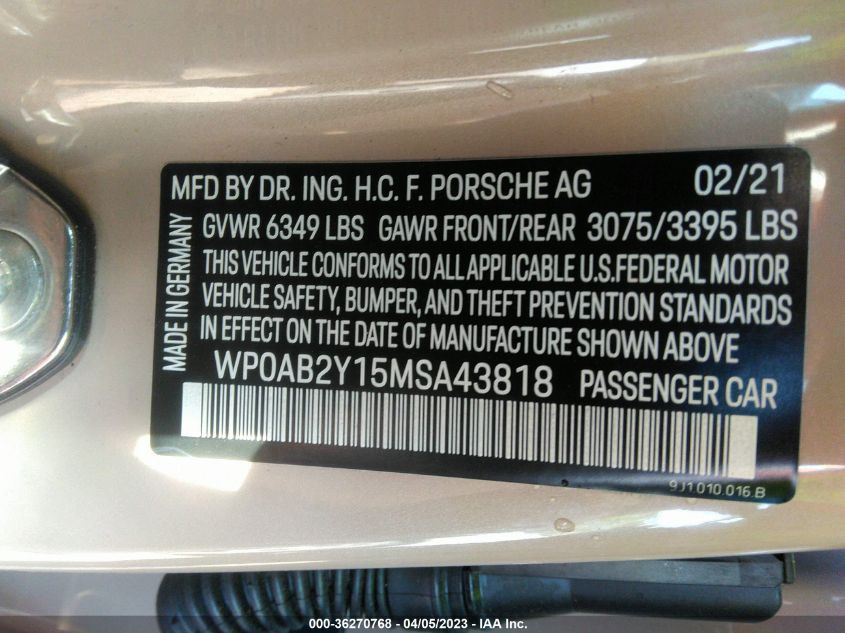 2021 PORSCHE TAYCAN 4S WP0AB2Y15MSA43818