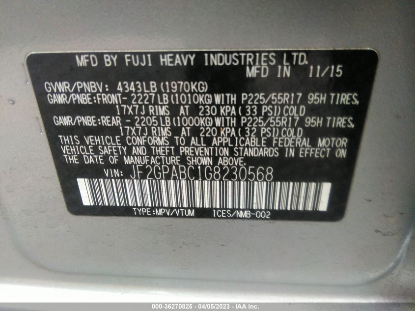 2016 SUBARU CROSSTREK PREMIUM - JF2GPABC1G8230568