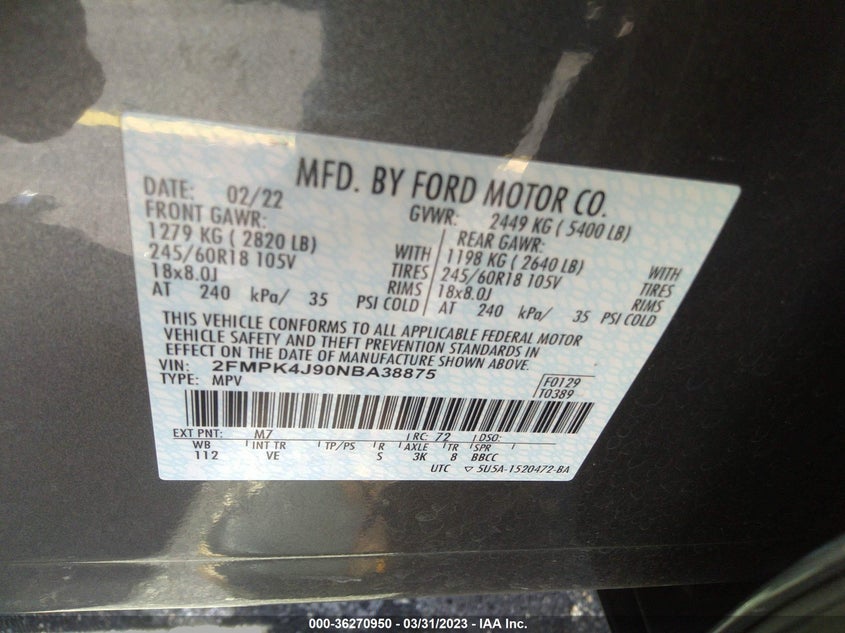 VIN 2FMPK4J90NBA38875 2022 FORD EDGE SEL
