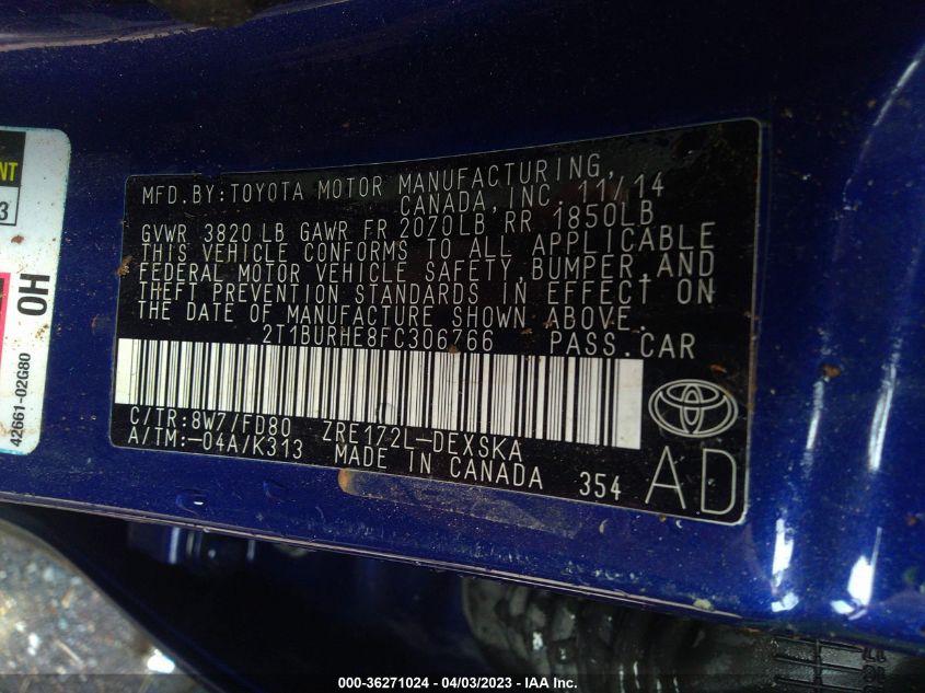 2015 TOYOTA COROLLA L/LE/S/S PLUS/LE PLUS - 2T1BURHE8FC306766