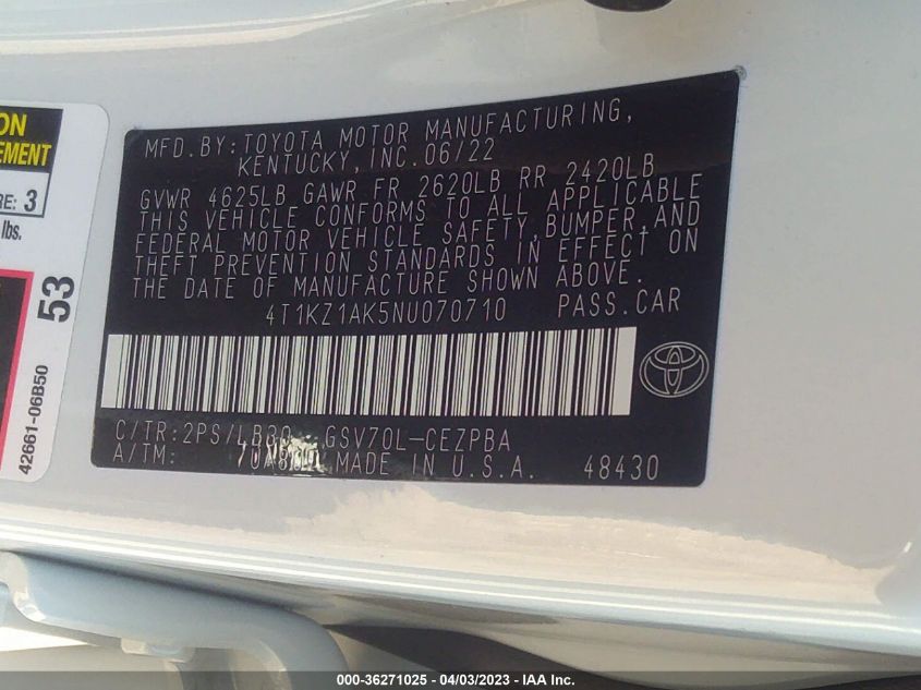 2022 TOYOTA CAMRY V6 - 4T1KZ1AK5NU070710