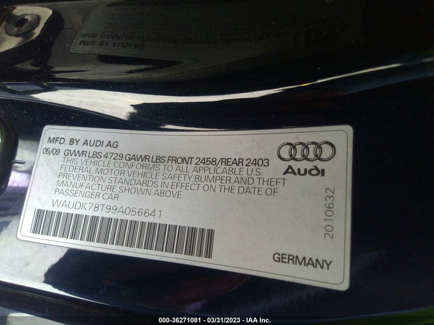 2009 AUDI A5 VIN: WAUDK78T99A056641