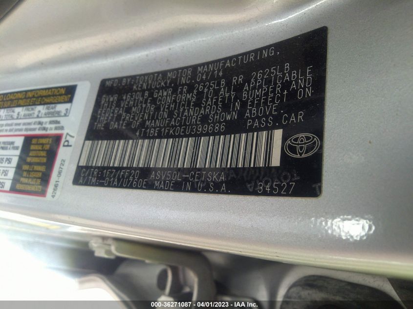 2014 TOYOTA CAMRY L/LE/XLE/SE/SE SPORT - 4T1BF1FK0EU399686