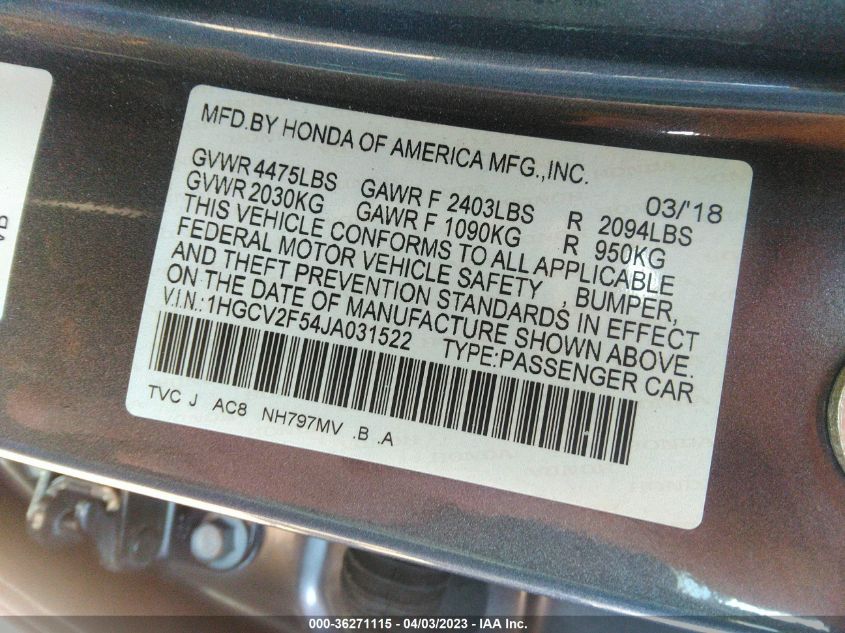 2018 HONDA ACCORD SEDAN EX-L 2.0T - 1HGCV2F54JA031522