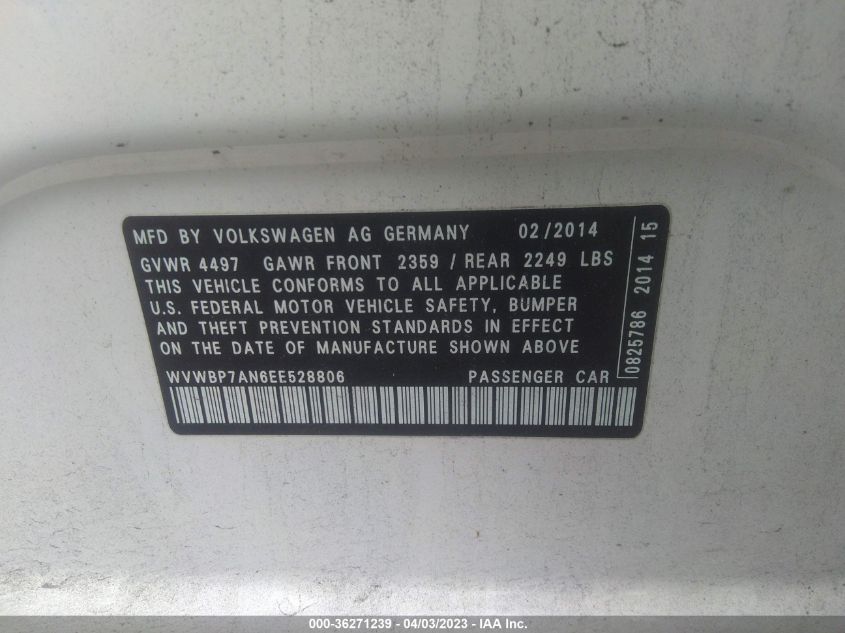 2014 VOLKSWAGEN CC R-LINE - WVWBP7AN6EE528806