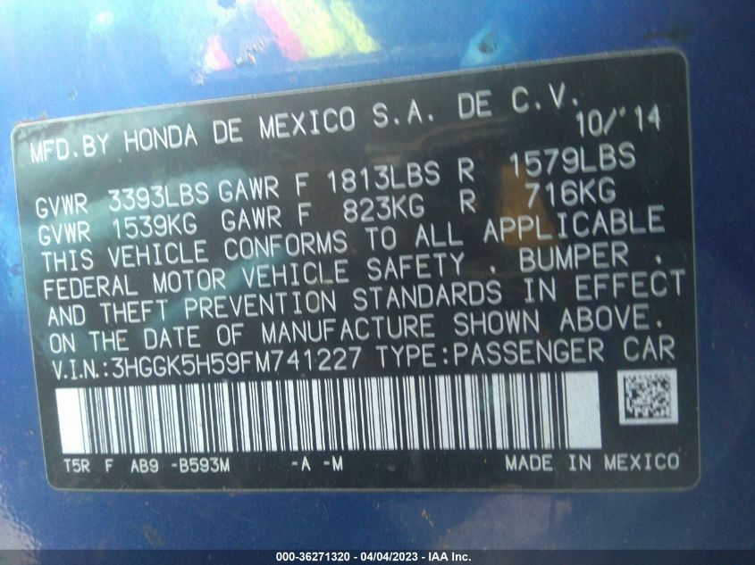 2015 HONDA FIT LX - 3HGGK5H59FM741227