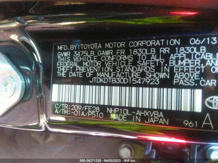 2013 TOYOTA PRIUS C ONE/TWO/THREE/FOUR - JTDKDTB30D1547923