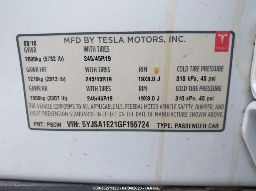 2016 TESLA MODEL S 90D/70D/75D/60D/85D - 5YJSA1E21GF155724