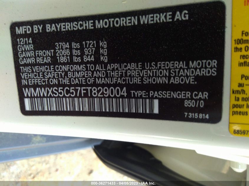 2015 MINI COOPER HARDTOP 4 DOOR - WMWXS5C57FT829004