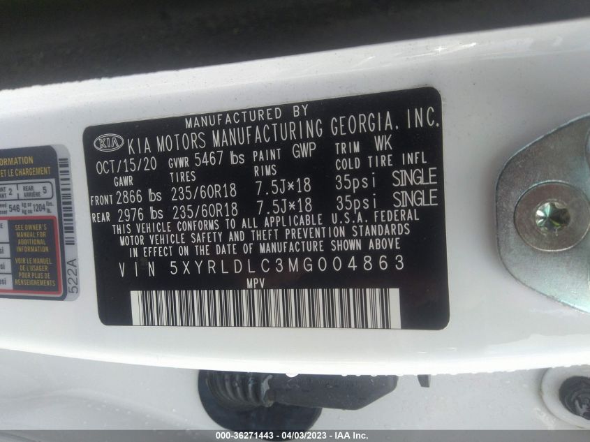 2021 KIA SORENTO S - 5XYRLDLC3MG004863