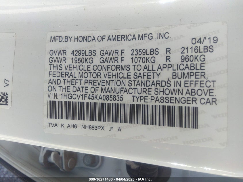 VIN 1HGCV1F45KA085835 2019 HONDA ACCORD SEDAN EX 1.5T