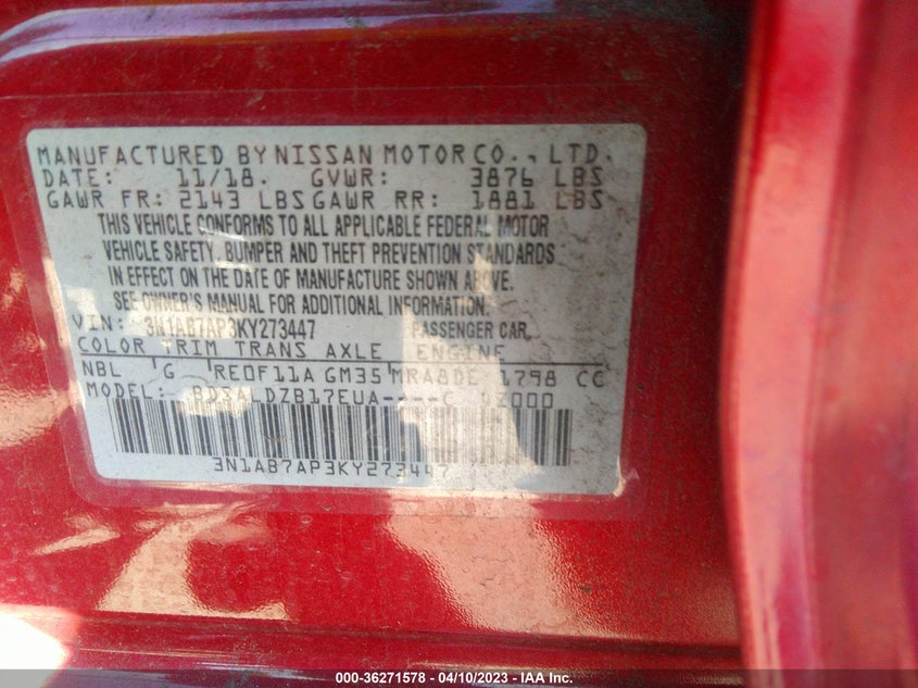 VIN 3N1AB7AP3KY273447 2019 NISSAN SENTRA SV