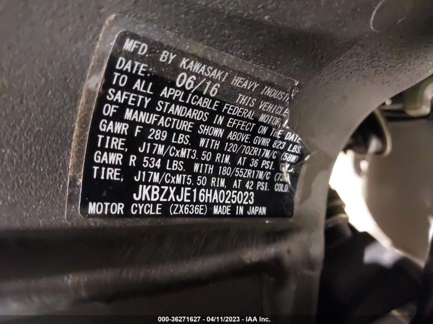 2017 KAWASAKI ZX636 E JKBZXJE16HA025023