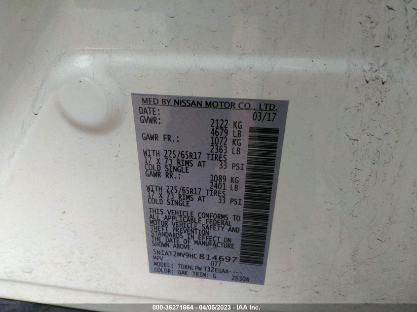 VIN 5N1AT2MV9HC814697 2017 NISSAN ROGUE S