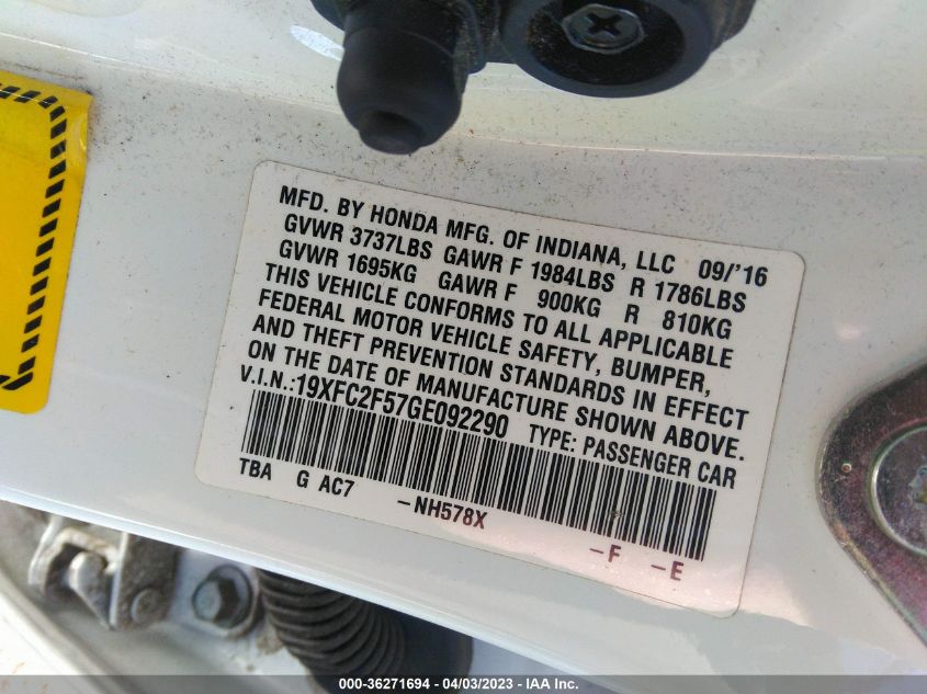 2016 HONDA CIVIC LX - 19XFC2F57GE092290