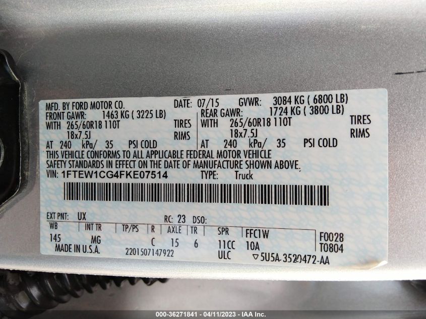 2015 FORD F-150 XL/LARIAT - 1FTEW1CG4FKE07514