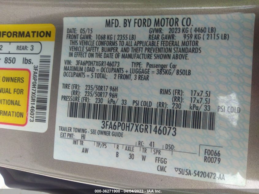 2016 FORD FUSION SE - 3FA6P0H7XGR146073