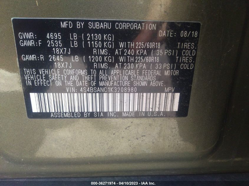 2019 SUBARU OUTBACK LIMITED - 4S4BSANC1K3208980