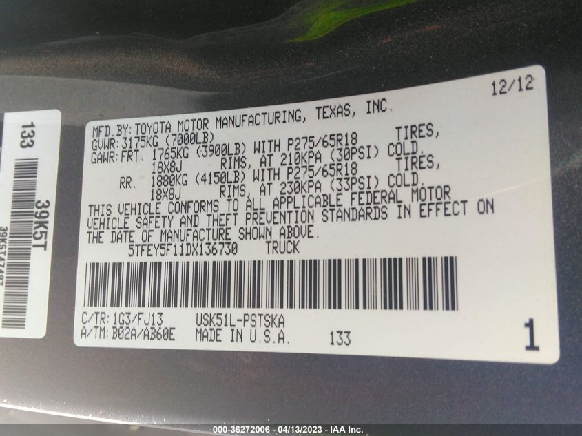 2013 TOYOTA TUNDRA GRADE 5.7L V8 - 5TFEY5F11DX136730