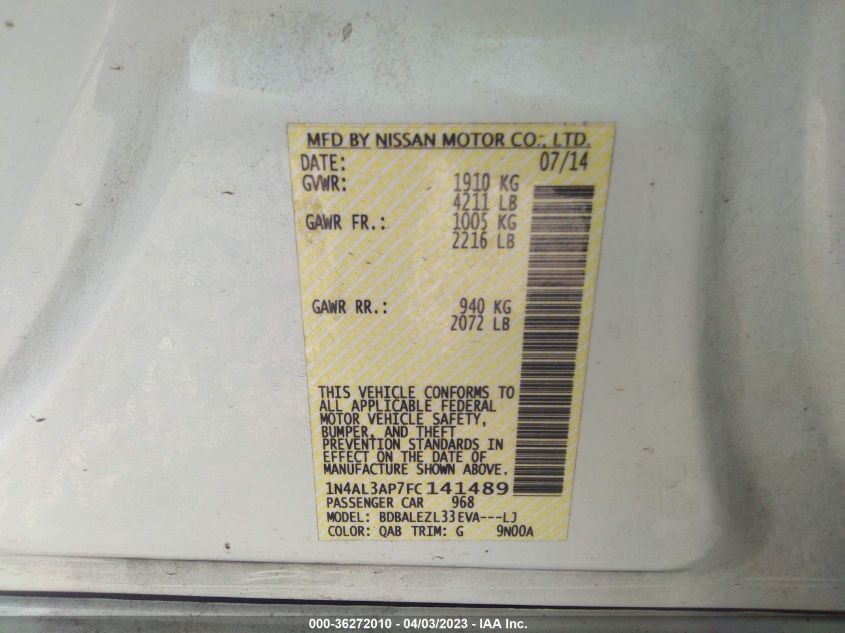 2015 NISSAN ALTIMA 2.5 S - 1N4AL3AP7FC141489