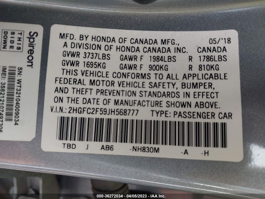 2018 HONDA CIVIC SEDAN LX - 2HGFC2F59JH568777