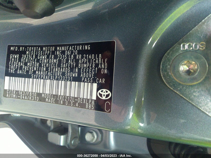 VIN 5YFEPRAEXLP133231 2020 TOYOTA COROLLA LE