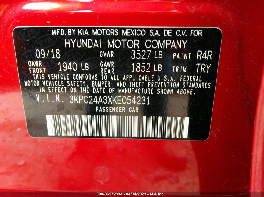 VIN 3KPC24A3XKE054231 2019 HYUNDAI ACCENT SE