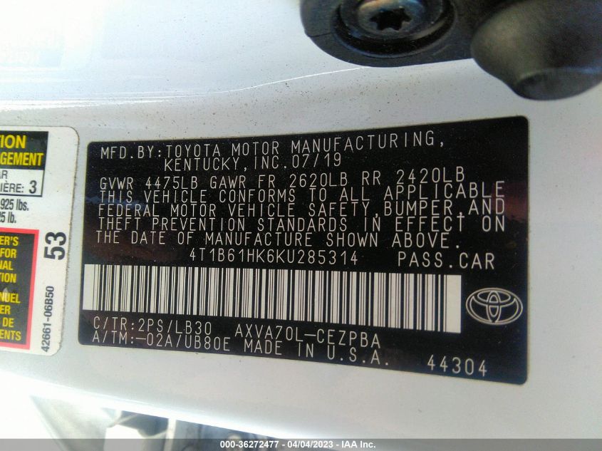 2019 TOYOTA CAMRY XSE - 4T1B61HK6KU285314
