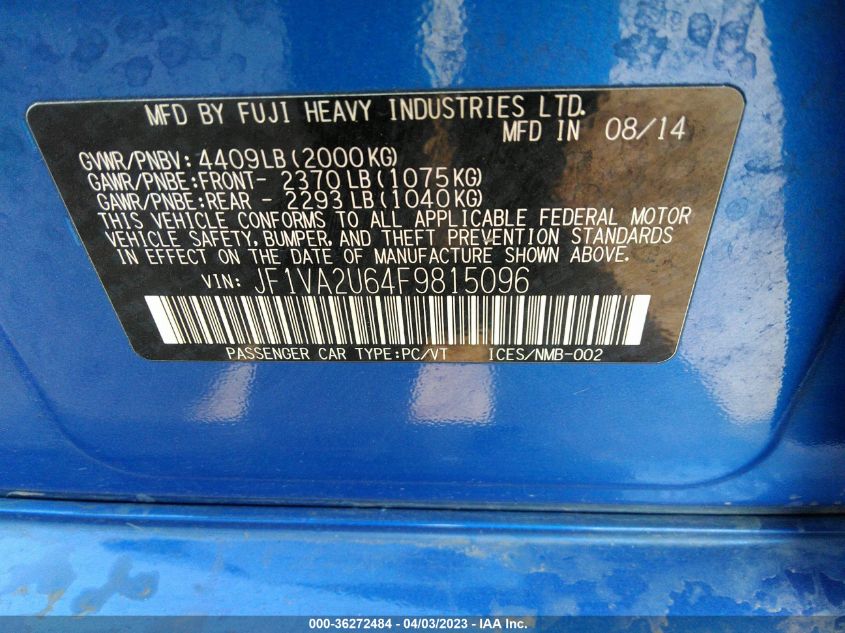 2015 SUBARU WRX STI LIMITED - JF1VA2U64F9815096