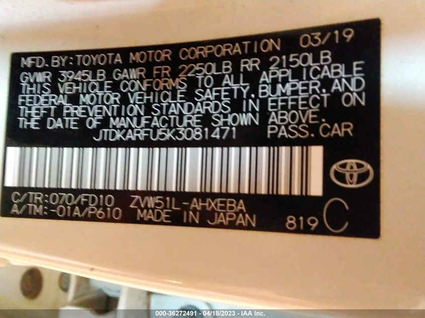 2019 TOYOTA PRIUS L ECO/LE/XLE/LIMITED - JTDKARFU5K3081471