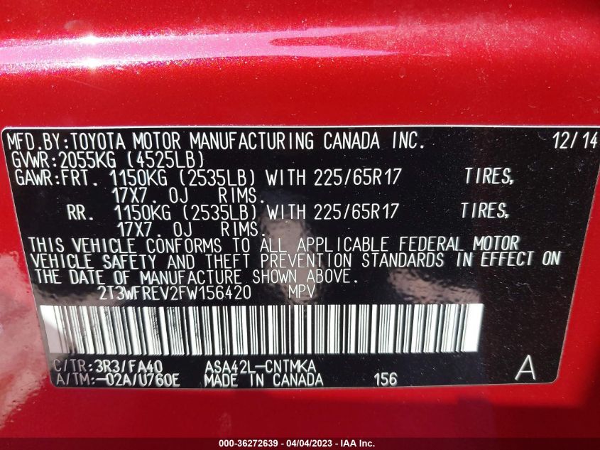 2015 TOYOTA RAV4 XLE - 2T3WFREV2FW156420
