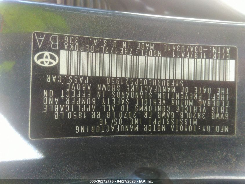 2016 TOYOTA COROLLA L/LE/S/S PLUS/LE PLUS - 5YFBURHE0GP521950